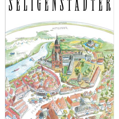 Bild vergrößern: Das Bild des Monats Februar 2023 ist von der Künstlerin Friederike Mühleck. Es zeigt eine Illustration mit Farb- und Faserstiften mit dem Namen "Der Seligenstädter".