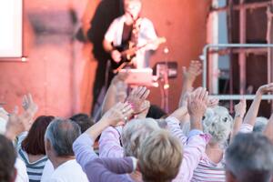 Bild vergrößern: Feiernde und jubelnde Personen von einer Bühne, auf der ein Musiker Gitarre spielt.
