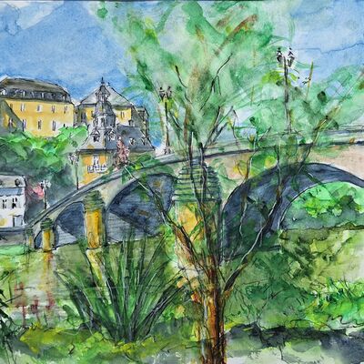 Bild vergrößern: Das Bild des Monats September 2023 ist vom Künstler Wilfried Nürnberger. Es zeigt ein Aquarell-Gemälde mit dem Namen "Lahnbrücke bei Weilburg".