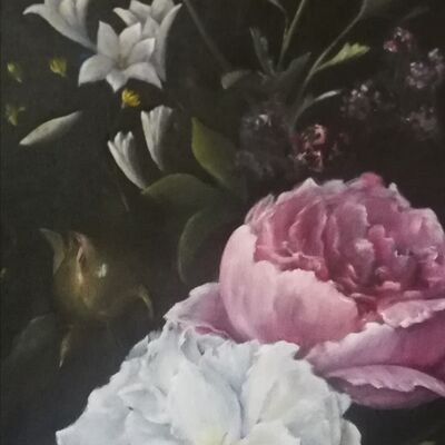Bild vergrößern: Das Bild des Monats April 2024 ist von der Künstlerin Dorita Jung. Es zeigt ein Öl-Gemälde mit dem Namen "Blumenzauber".