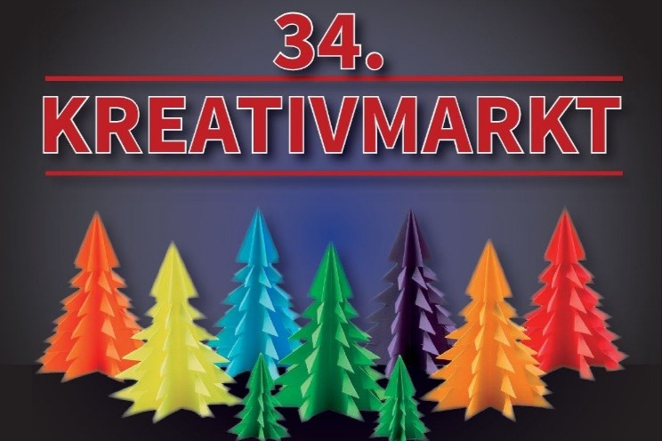 Logo mit gebastelten Papierbäumchen und Überschrift: 34. Kreativmarkt