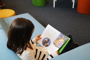 Bild vergr&ouml;&szlig;ern: Ein Kind sitzt auf einem Sofa und liest in einem Buch.