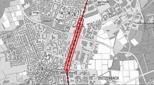 Bild vergr&ouml;&szlig;ern: Eine Landkarte mit rot markiertem Verlauf der Bahnstrecke.