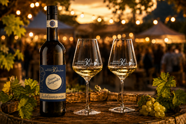 Auf einem Tisch stehen zwei gef&uuml;llte Weingl&auml;ser und eine Flasche Wein, die jeweils mit dem Jubil&auml;umslogo versehen sind.