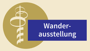 Blauer Kreis mit wei&szlig;er Grafik des Aussichtsturms und dem Schriftzug "Wanderausstellung"