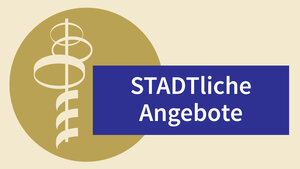 Blauer Kreis mit wei&szlig;er Grafik des Aussichtsturms und dem Schriftzug "Stadtliche Angebote"