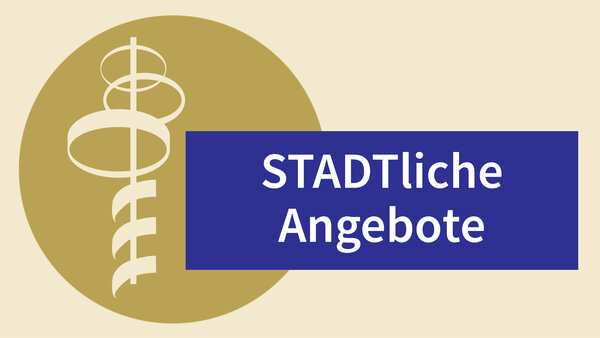 Bild vergr&ouml;&szlig;ern: Blauer Kreis mit wei�er Grafik des Aussichtsturms und dem Schriftzug "Stadtliche Angebote"