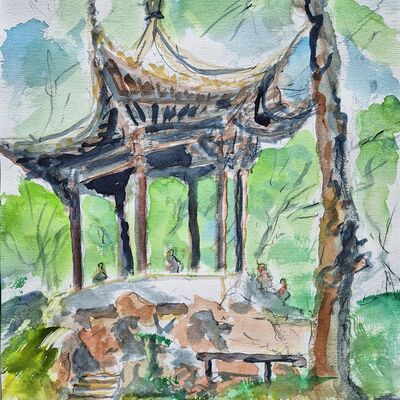 Bild vergr&ouml;&szlig;ern: Das Bild des Monats Oktober 2026 ist vom K&uuml;nstler Wilfried N&uuml;rnberger. Es zeigt ein Aquarell mit dem Namen "FfM, Pagode im Bethmann-Park".