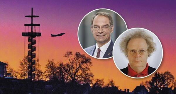 Bild vergr&ouml;&szlig;ern: Fotos der Aussichtsturms in den Abendstunden mit Portraits von Dr. Lang und Professor Rang.