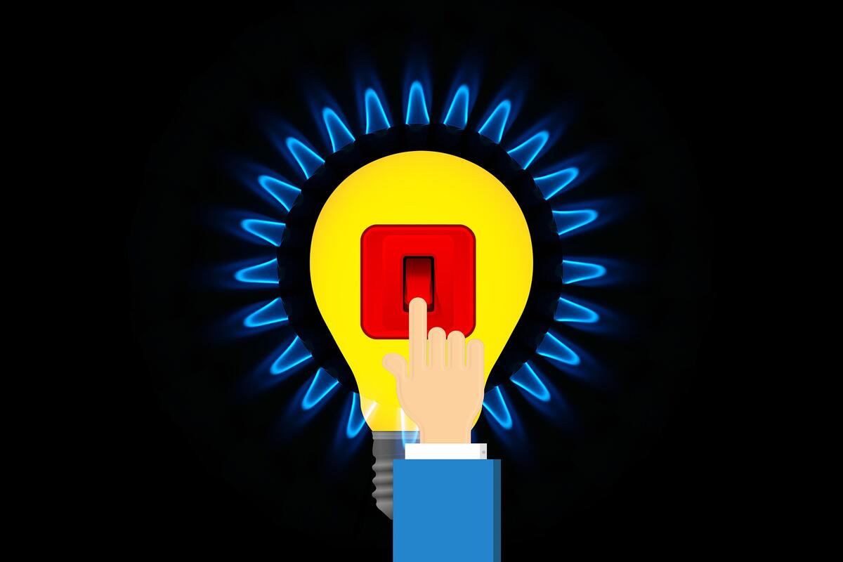 Illustration einer Hand am Lichtschalter umgeben von einer Glühbirne und Gasflammen.