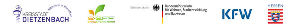 Bild vergrößern: Logos der Projektpartner: Kreisstadt Dietzenbach, EnergyEffizienz GmbH, Bundesministerium für Wohnen, Stadtentwicklung und Bauwesen, KfW-Bank und das Land Hessen.